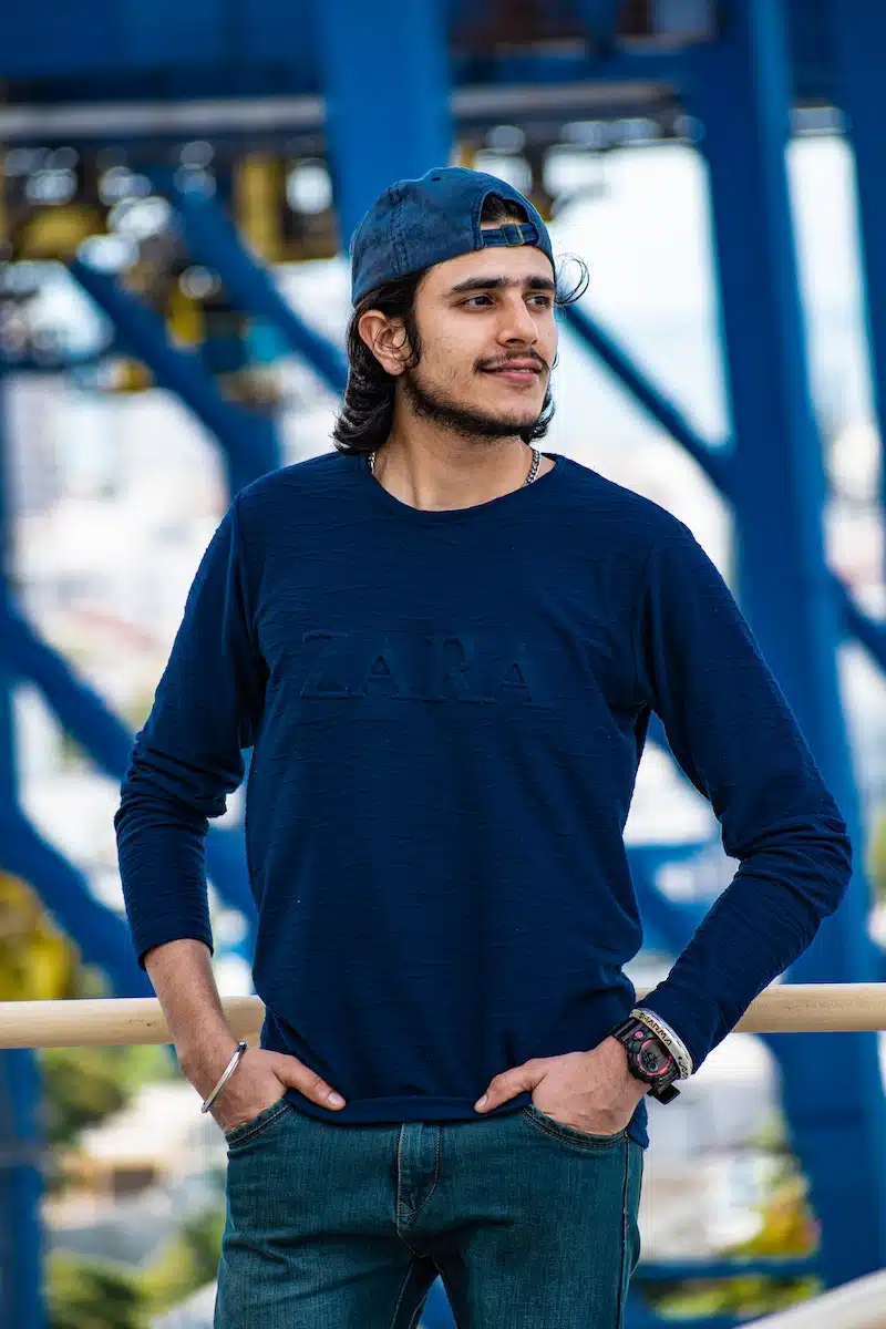 Man Wearing a Dark Blue Zara Pullover