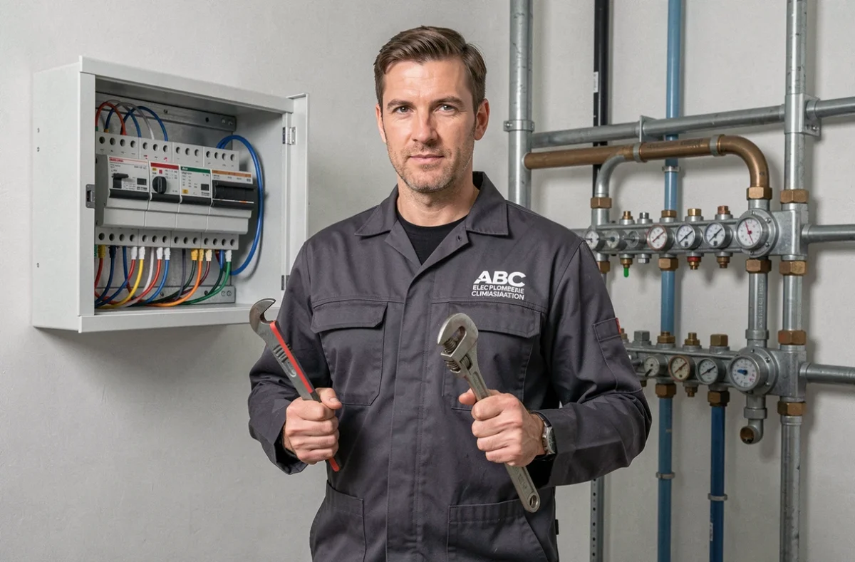 Technicien Abc Elec Plomberie Climatisation présentant ses compétences multi-métiers dans une buanderie technique moderne