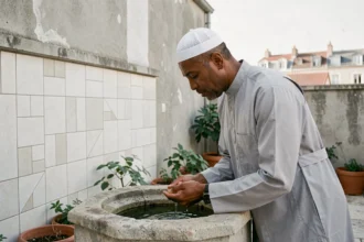 Homme musulman effectuant ses ablutions avant la prière dans la cour d'une mosquée en banlieue française