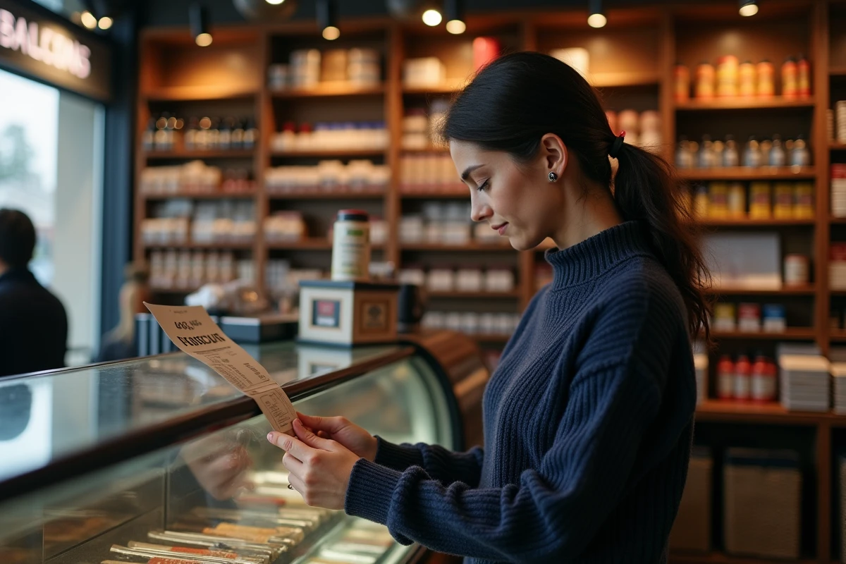 Femme achetant un paquet de tabac à rouler 40g dans un bureau de tabac français