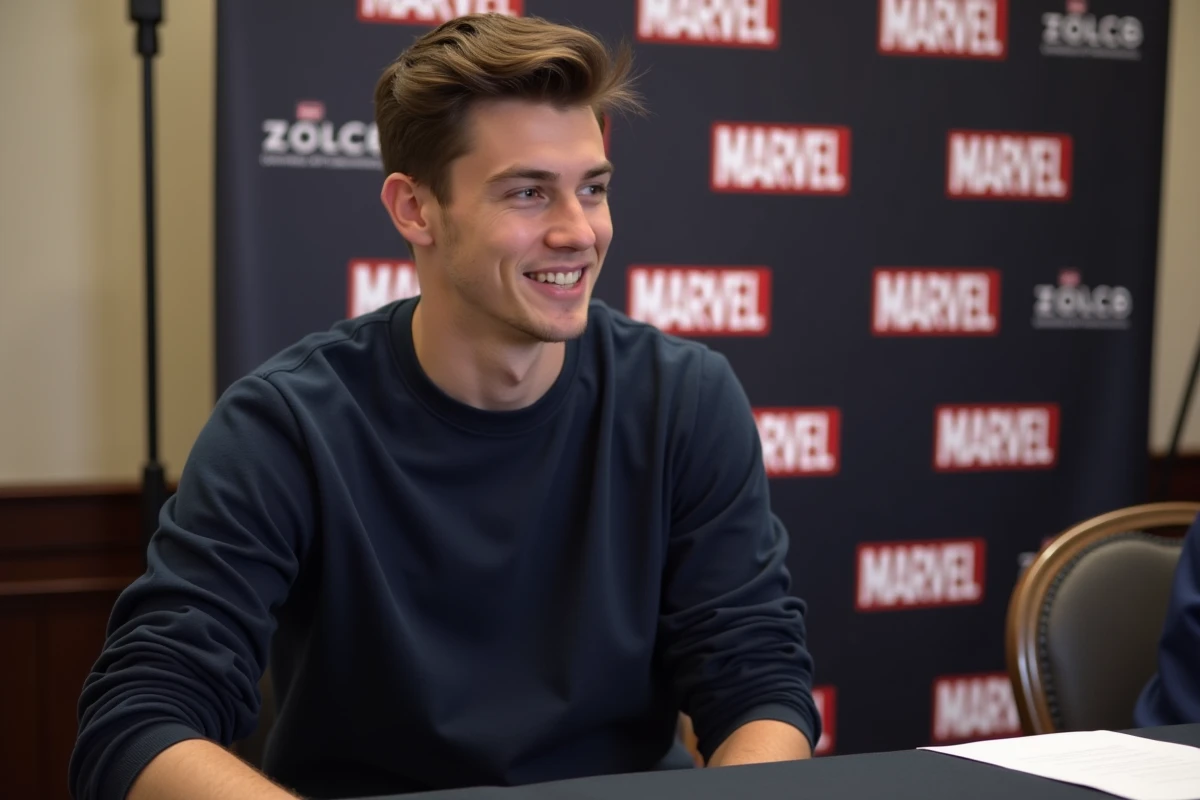Acteur incarnant Spider-Man dans le MCU lors d'une interview presse avec bannière Marvel en arrière-plan