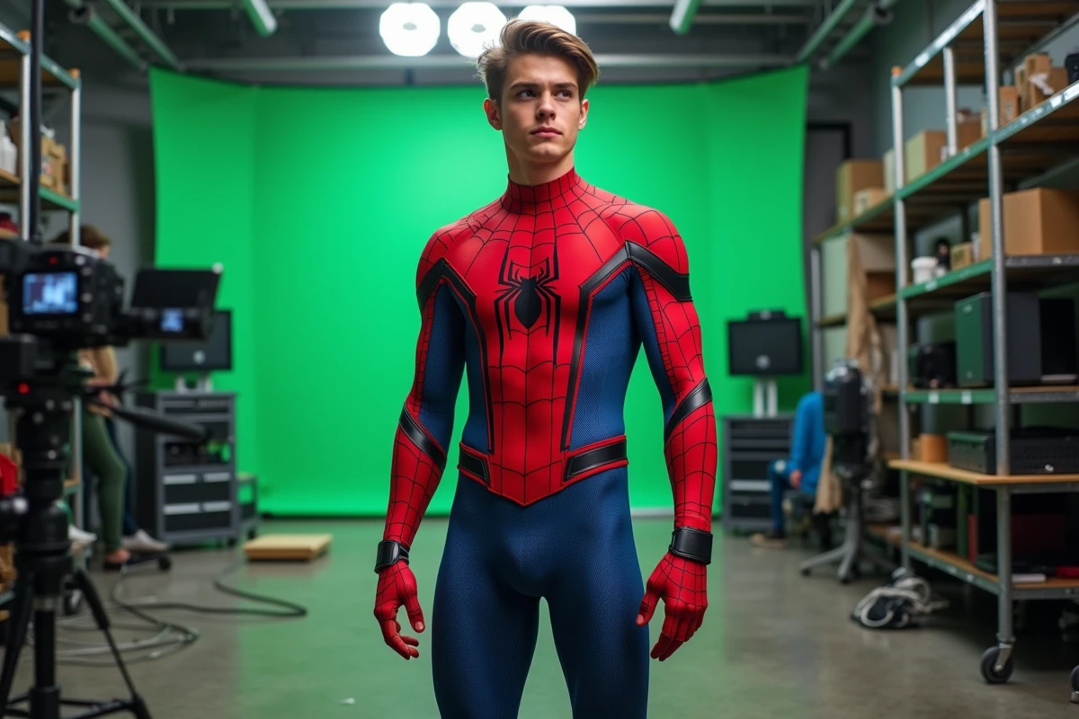 Acteur en combinaison Spider-Man sur un plateau de tournage du MCU avec équipement cinématographique visible