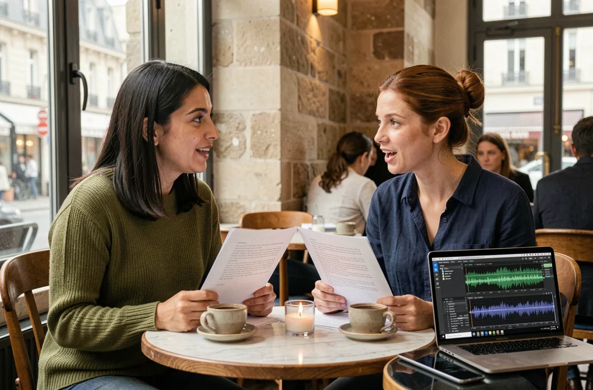Actrice turque et doubleuse française collaborant sur un script de doublage dans un café parisien