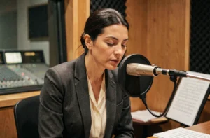 Actrice turque en cabine d'enregistrement doublage voix françaises microphone studio professionnel