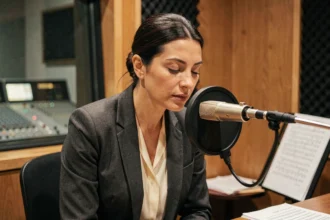 Actrice turque en cabine d'enregistrement doublage voix françaises microphone studio professionnel