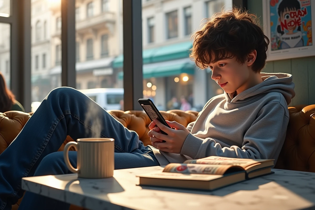 Adolescent lisant manga sur smartphone dans un café animé