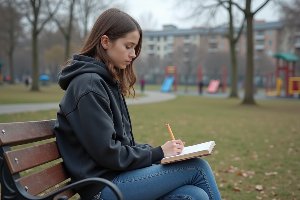 Adolescente assise sur un banc de parc en réflexion