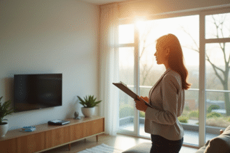 Agent immobilier avec un clipboard dans un salon lumineux