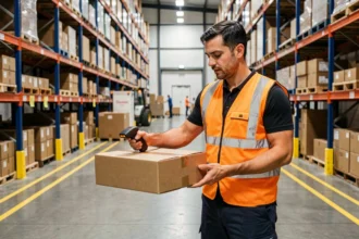Agent logistique scannant un colis dans un entrepôt de distribution avec des étagères remplies de cartons en arrière-plan