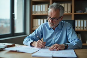 Agent public regardant le calendrier 2026 dans un bureau moderne