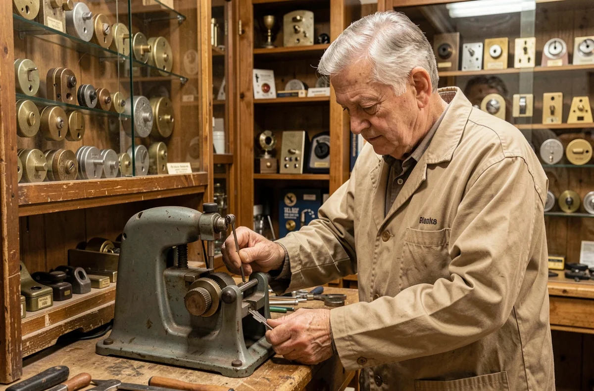 Albert Pourcelot en train de dupliquer une clé dans sa serrurerie traditionnelle du Jura
