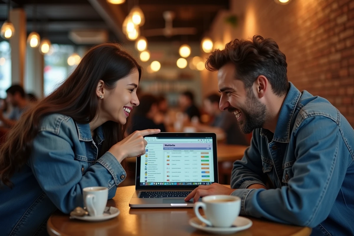 Deux amis dans un café discutant et organisant ensemble leur liste d'animés sur un ordinateur portable avec des catégories colorées
