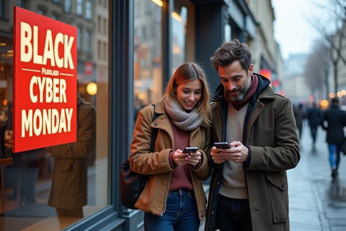 Deux amis comparant les offres Black Friday et Cyber Monday devant une boutique d'électronique dans une rue française