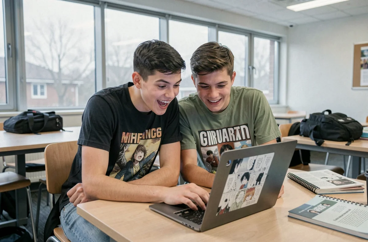 Deux amis regardant ensemble un scan de manga One Piece sur un ordinateur portable dans une salle commune universitaire
