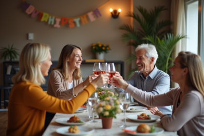 Groupe d'amis en toast lors d'une fête conviviale