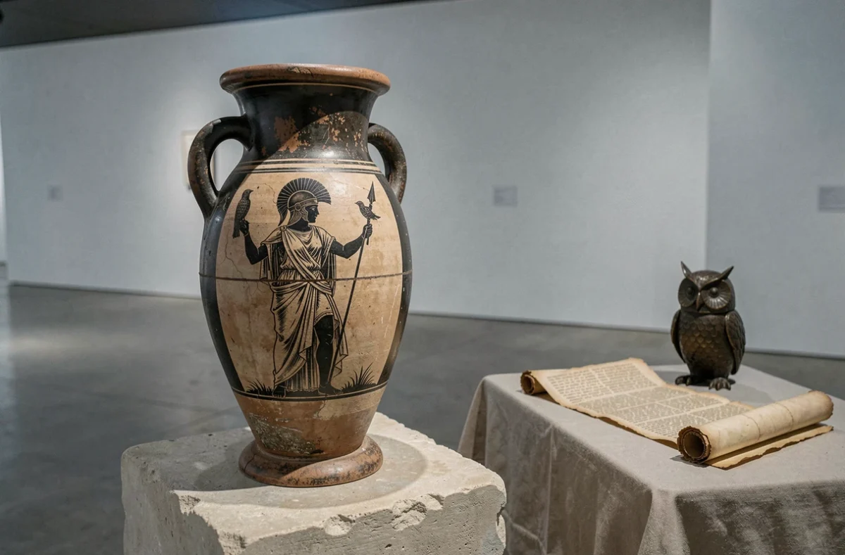 Amphore grecque antique à figures noires représentant Athéna avec un hibou et une lance dans une galerie de musée