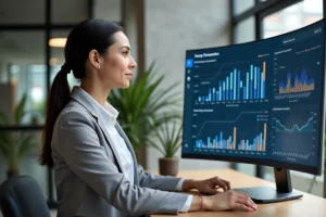Analyste énergie féminine examinant des tableaux de bord de consommation énergétique sur un écran incurvé dans un bureau moderne