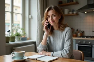 Femme utilisant son smartphone pour un appel illimité entre la Belgique et la France depuis son appartement parisien