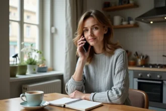 Femme utilisant son smartphone pour un appel illimité entre la Belgique et la France depuis son appartement parisien