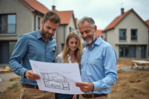 Architecte et couple sur chantier de maisons modernes en France