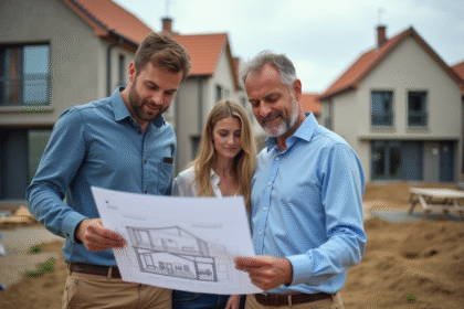Architecte et couple sur chantier de maisons modernes en France