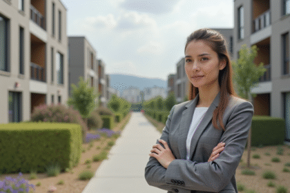 Jeune architecte devant un bâtiment neuf avec isolation