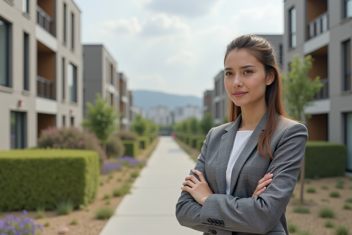 Jeune architecte devant un bâtiment neuf avec isolation