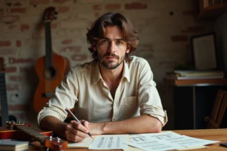 Musicien créant un arrangement de guitare avec des tablatures manuscrites sur une table en bois dans un studio maison