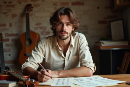 Musicien créant un arrangement de guitare avec des tablatures manuscrites sur une table en bois dans un studio maison