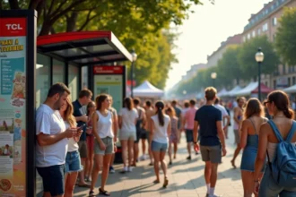 Arrêt de bus TCL bondé à Lyon pendant un festival estival avec des voyageurs consultant les horaires affichés