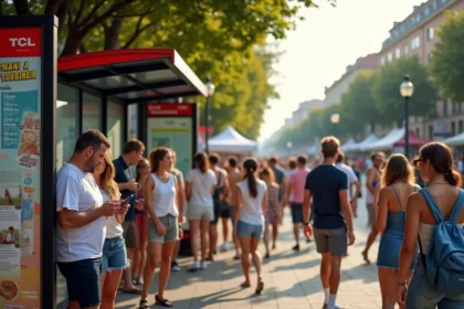 Arrêt de bus TCL bondé à Lyon pendant un festival estival avec des voyageurs consultant les horaires affichés