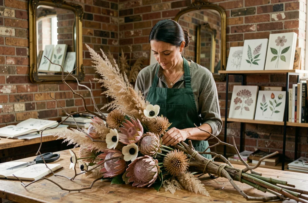 Sandrine, artiste florale, créant une composition expressive avec des protéas et des branches sculptées dans son atelier à murs de briques apparentes