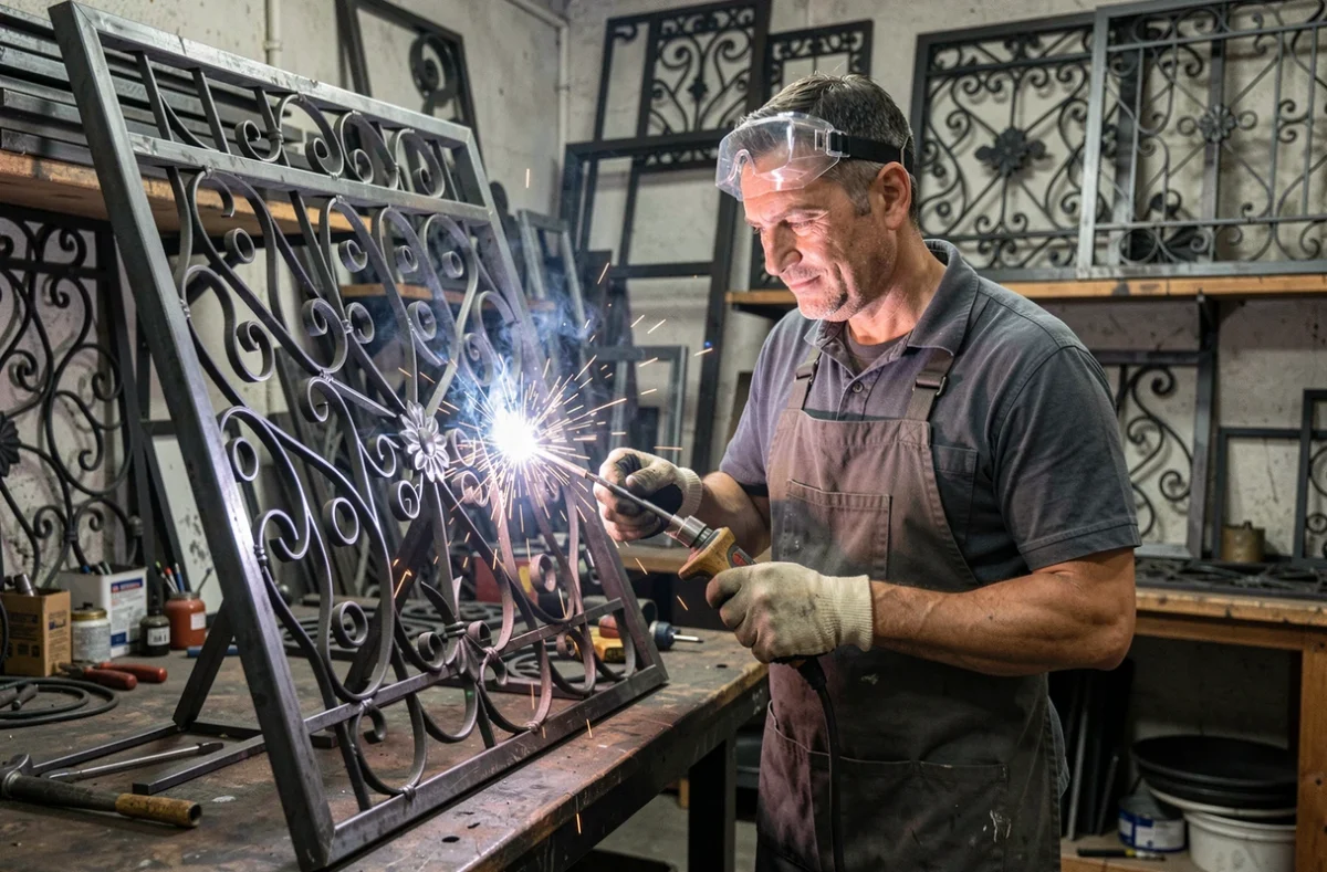 Artisan de l'Atelier Métal Jura soudant un panneau de portail en fer forgé dans son atelier