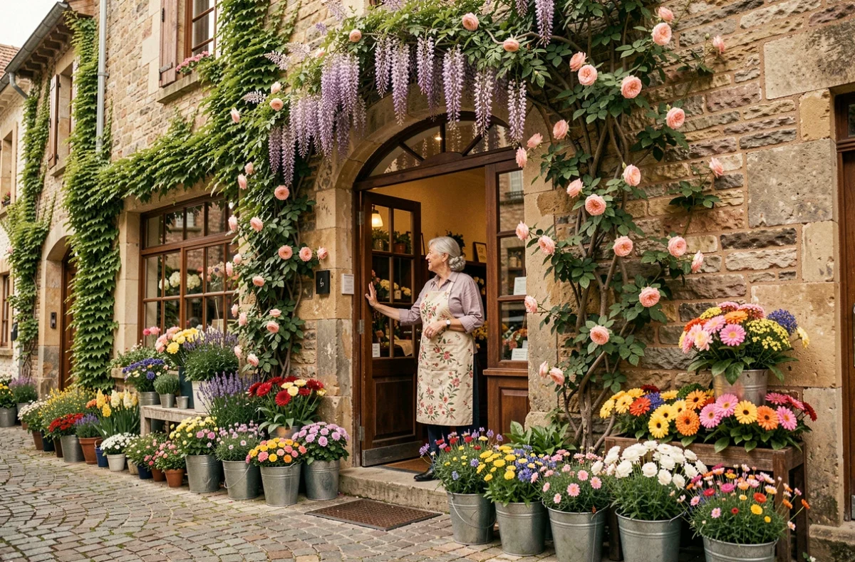 L'extérieur féerique d'Au Royaume des Fleurs avec des roses grimpantes, de la glycine et une fleuriste accueillant un client dans un village bourguignon