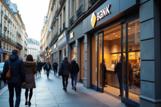 Façade moderne d'une banque à Paris en journée ensoleillée