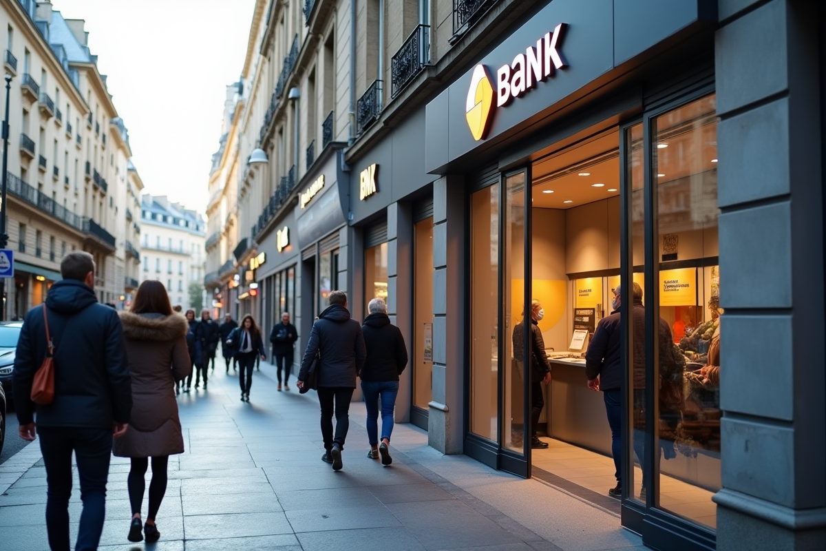 Façade moderne d'une banque à Paris en journée ensoleillée