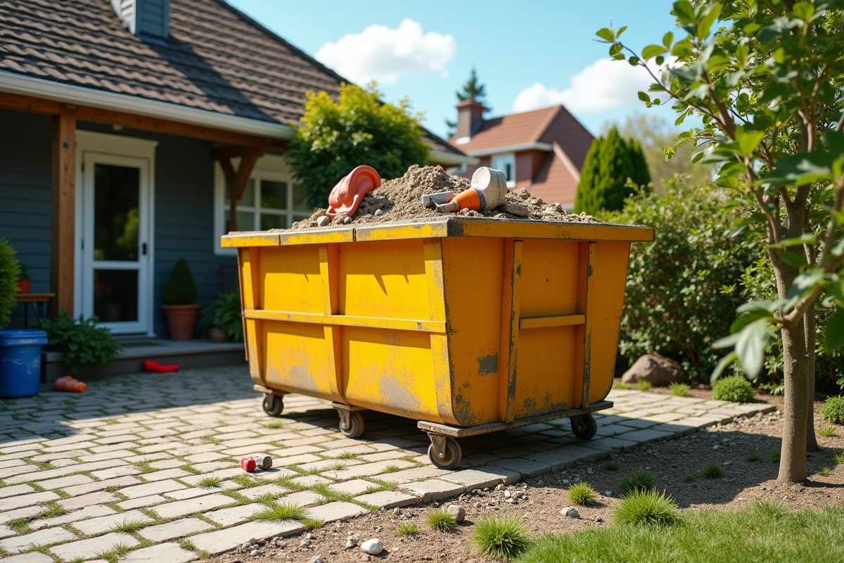 Benne de 12 m3 sur une allée avec outils et debris