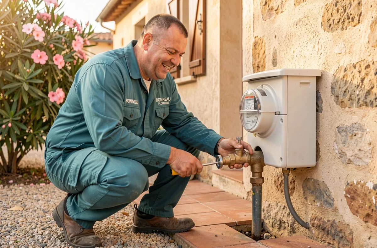 Plombier BON'N'EAU PLOMBERIE inspectant un compteur d'eau extérieur d'une maison méditerranéenne dans les Pyrénées-Orientales
