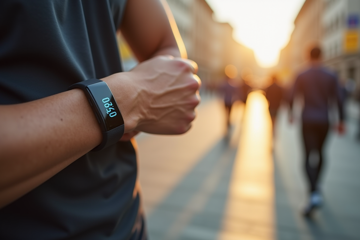 Montre connectee de fitness sur un poignet en plein effort en milieu urbain