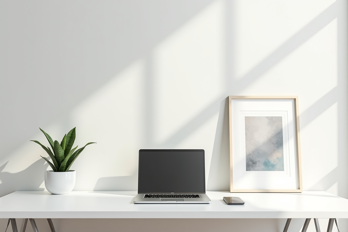 Espace de travail épuré avec bureau blanc et ordinateur
