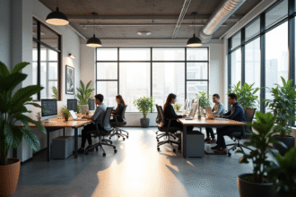 Espace de bureau moderne avec collaborateurs et lumière naturelle