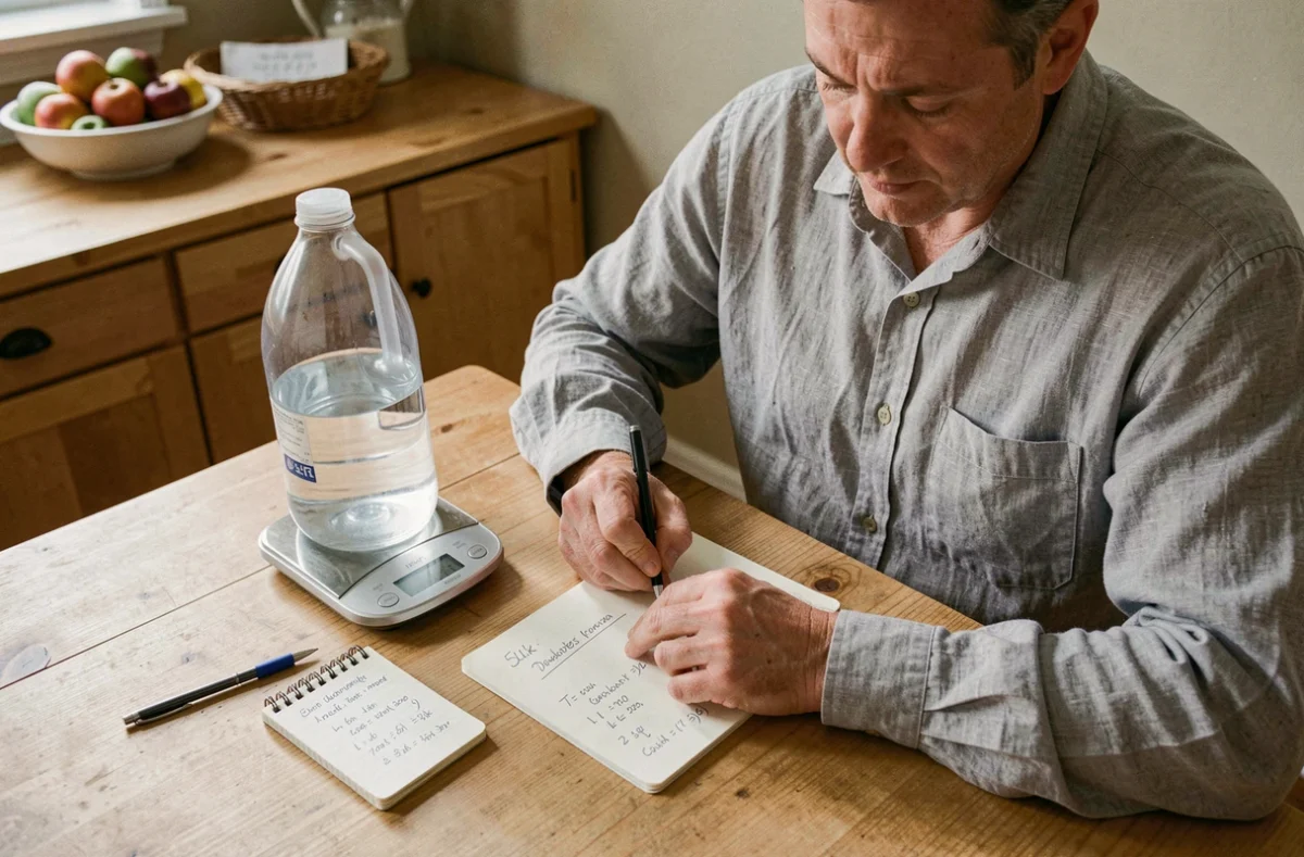 Homme calculant la conversion de 5 litres en millilitres avec une balance de cuisine et un carnet de notes