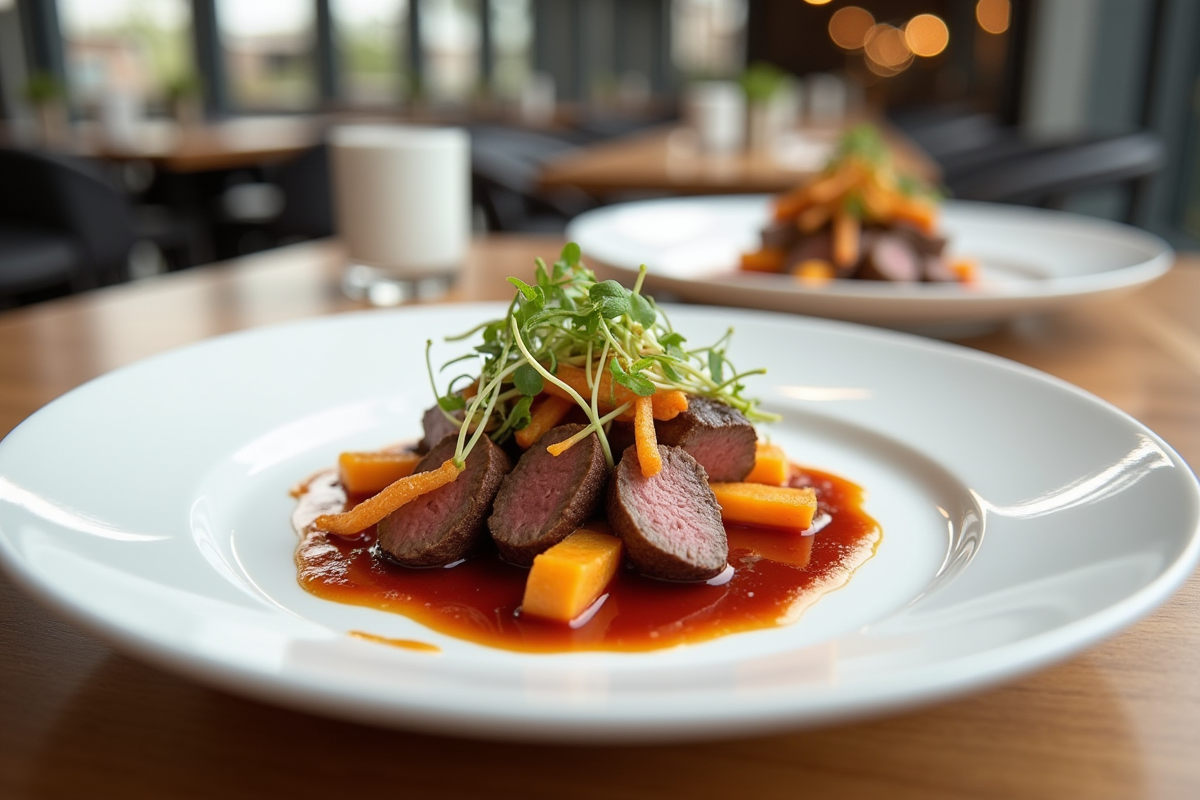 Assiette moderne avec carbonade deconstruite et légumes croquants