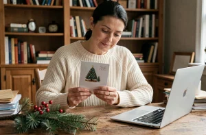 Femme tenant une carte de Noël imprimée à la maison, assise à un bureau en bois avec des enveloppes et des décorations de fête