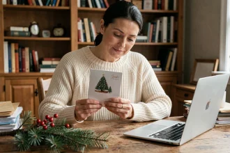 Femme tenant une carte de Noël imprimée à la maison, assise à un bureau en bois avec des enveloppes et des décorations de fête