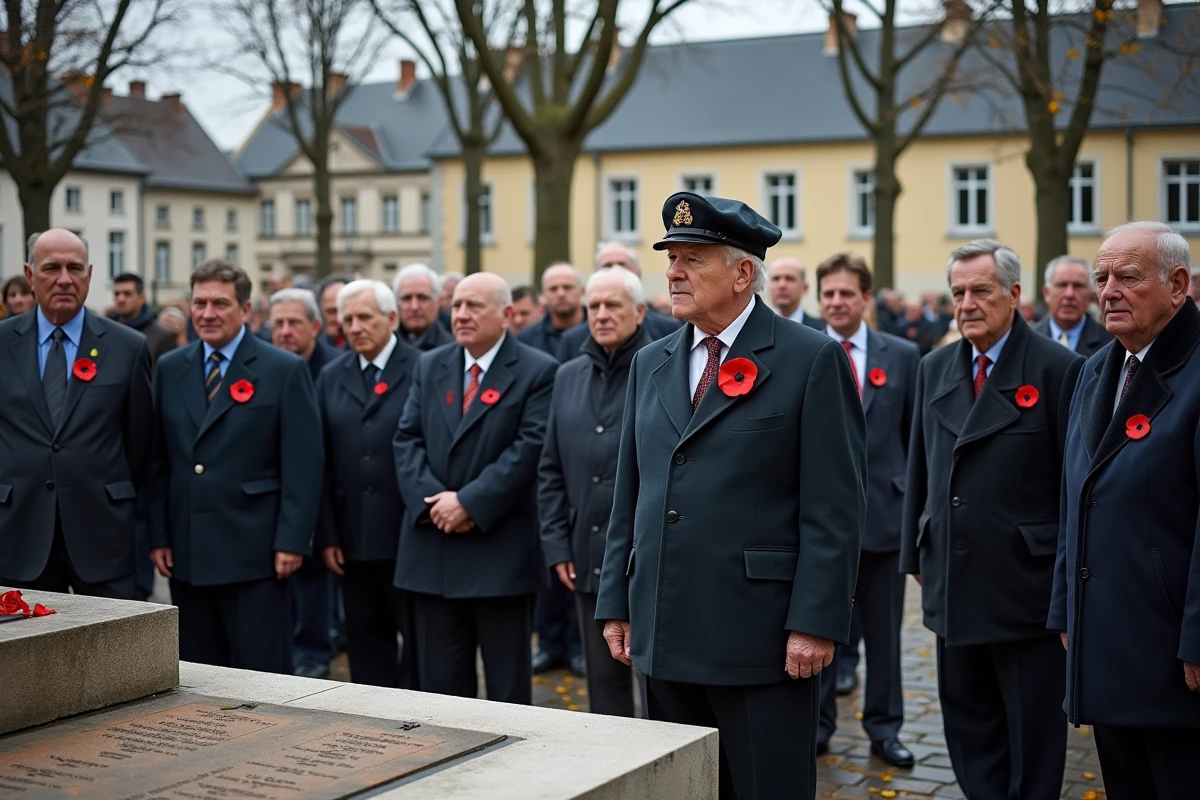 Cérémonie de commémoration autour d'un monument aux morts avec des personnes portant des coquelicots rouges dans une place de village française