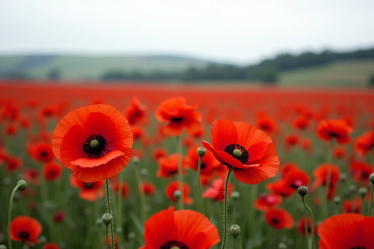 Champ de coquelicots rouges en fleur dans la campagne française, symbole des champs de bataille de la Première Guerre mondiale