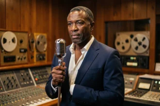 Chanteur noir américain en studio d'enregistrement vintage avec microphone classique, évoquant les grandes bandes originales de cinéma
