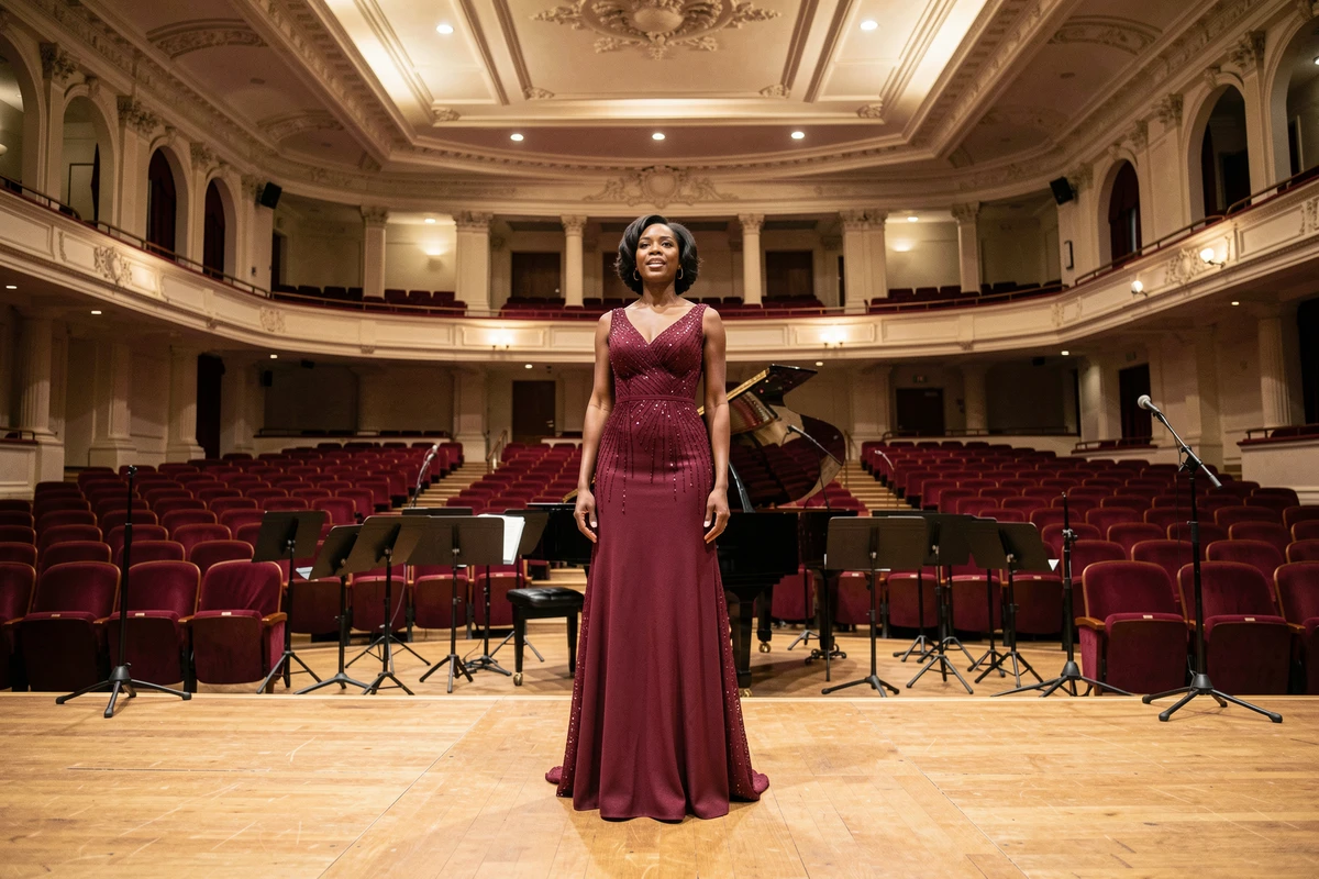 Chanteuse noire américaine en robe élégante sur une scène de concert orchestral, dans un grand auditorium classique pour l'enregistrement de bandes originales