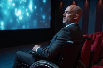 Homme charismatique en fauteuil roulant devant un écran de cinéma illustrant l'évolution du personnage de Charles Xavier au cinéma